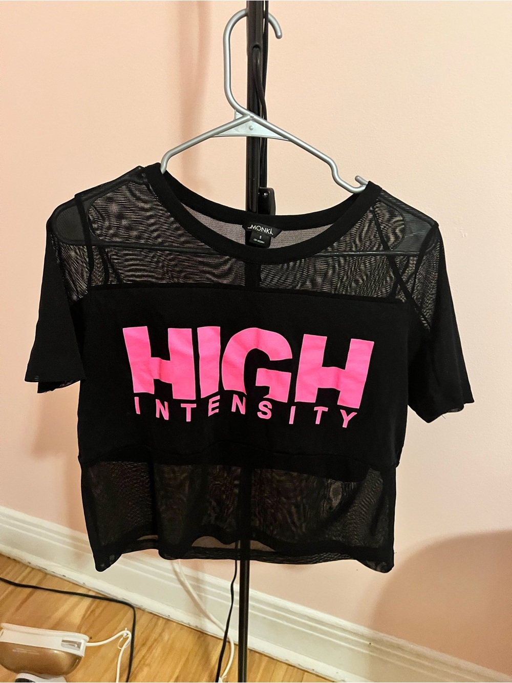 Monki Black Mesh Crop Tee with Bright Pink "HIGH" Print
